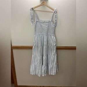 NWOT J Crew Blue White Striped Smocked Tie Shoulder Midi Dress size medium
